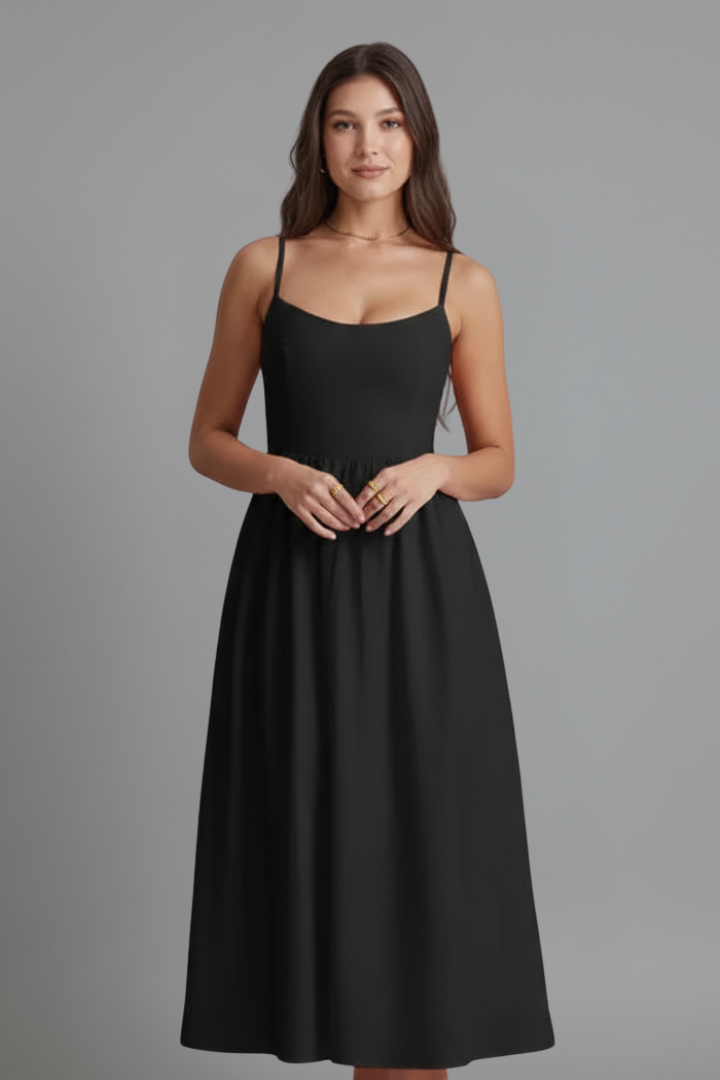 Women’s Dress with Straight Neckline and Side Pockets