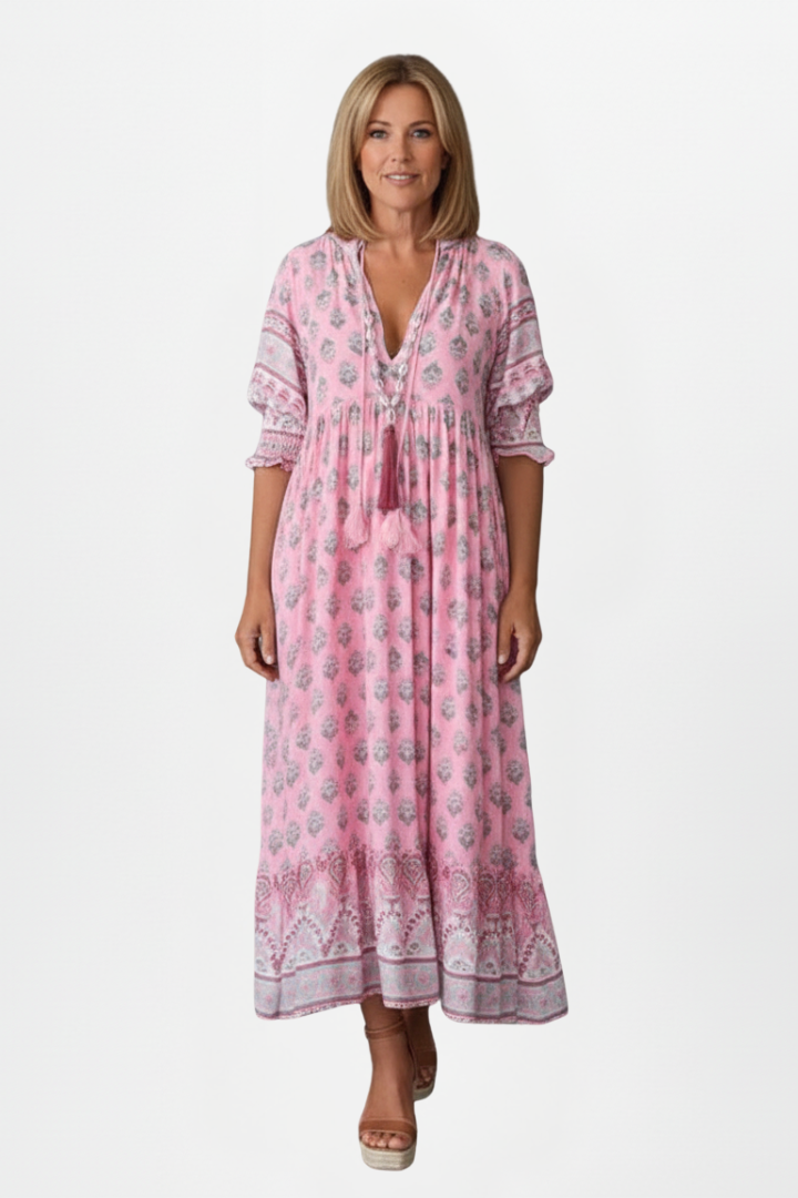 Women’s Dress with V-Neck and Patterned Surface