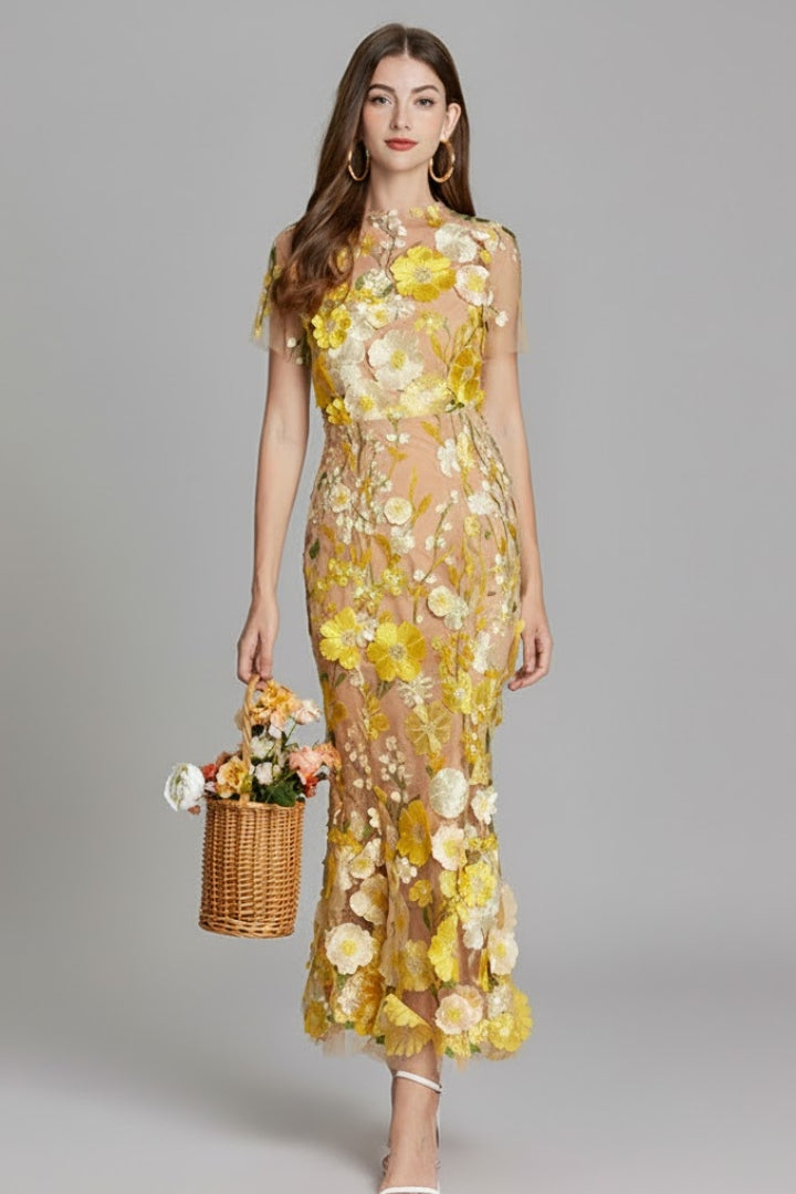 Women’s Embroidered Maxi Dress with Sheer Sleeves