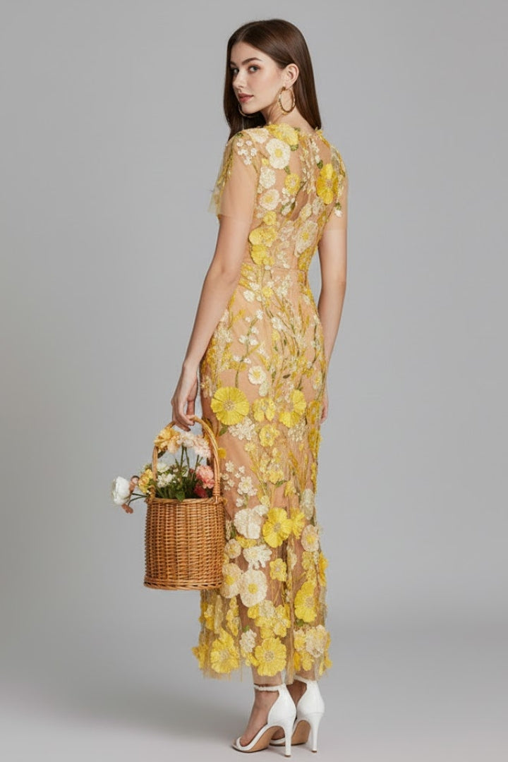 Women’s Embroidered Maxi Dress with Sheer Sleeves