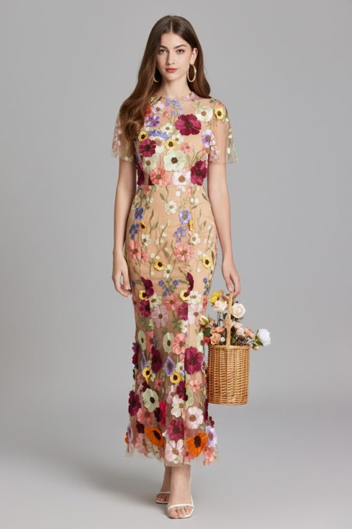 Women’s Embroidered Maxi Dress with Sheer Sleeves