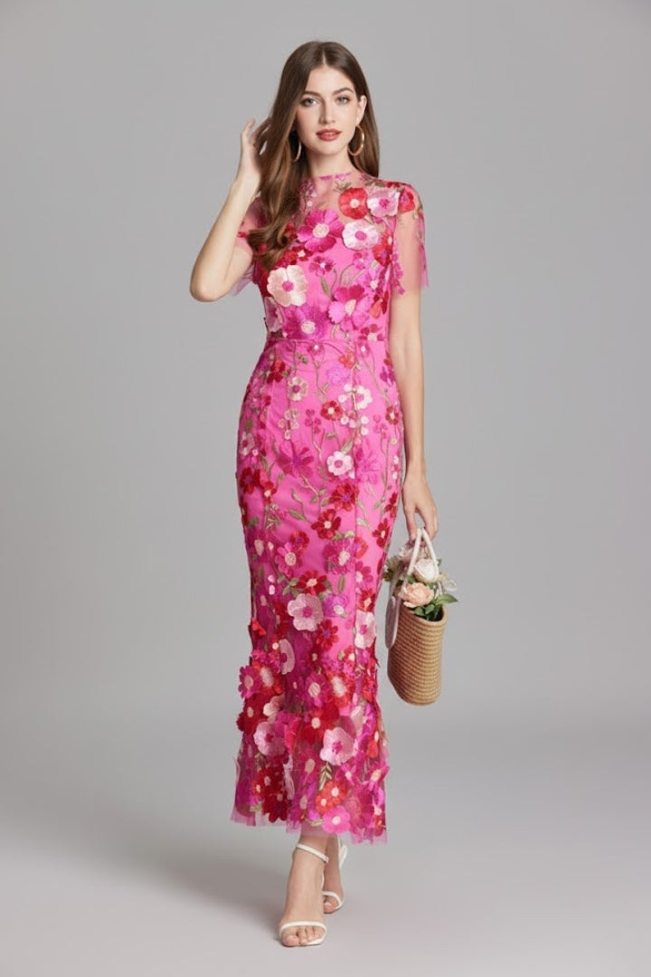 Women’s Embroidered Maxi Dress with Sheer Sleeves