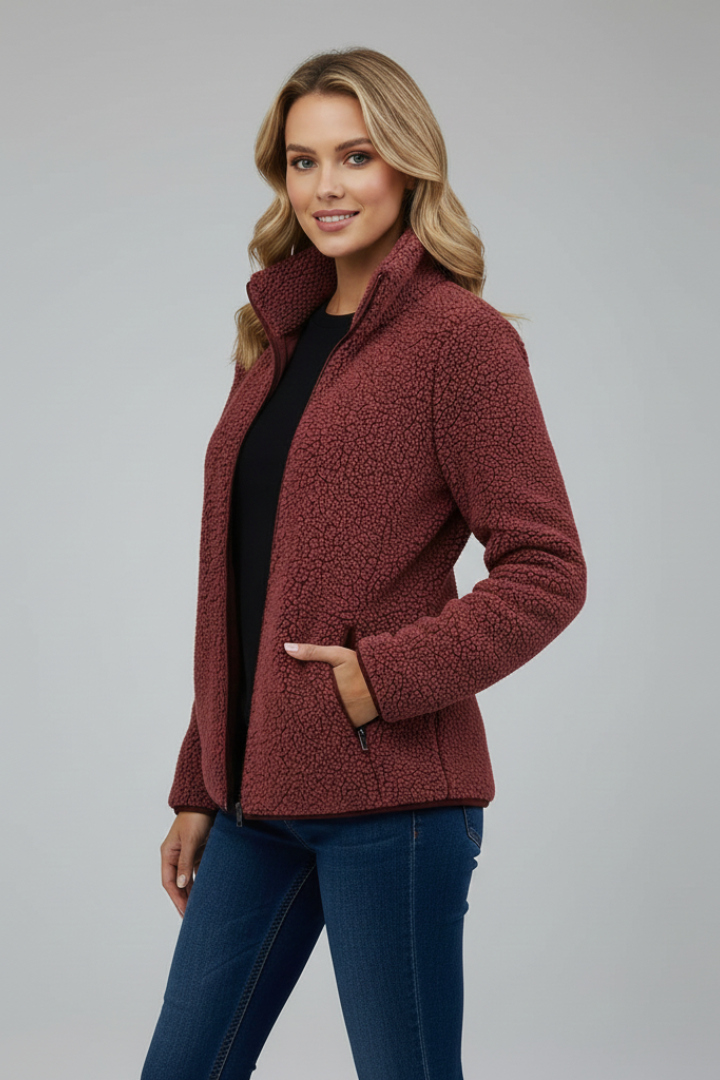 Women's Fleece Jacket with Stand-Up Collar and Zip Fastening