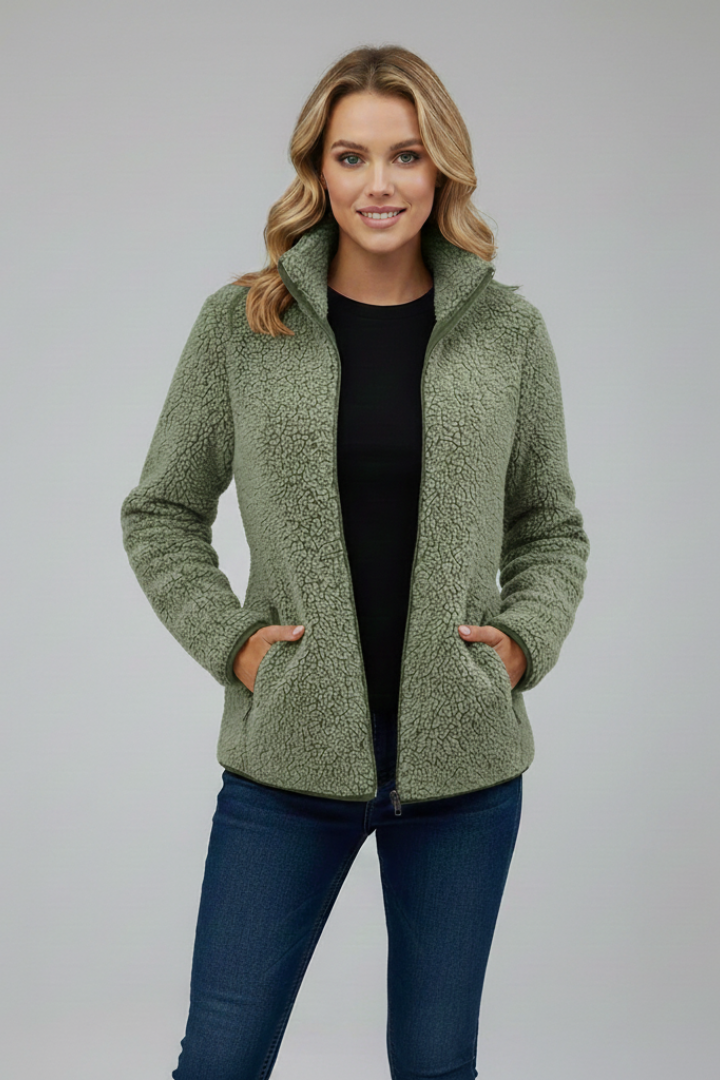 Women's Fleece Jacket with Stand-Up Collar and Zip Fastening