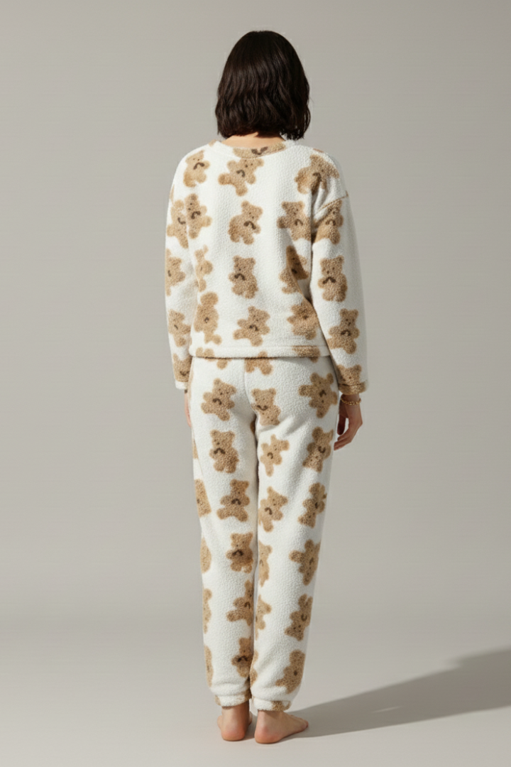 Women’s Fleece Pajama Set with Bear Print and Elastic Waist