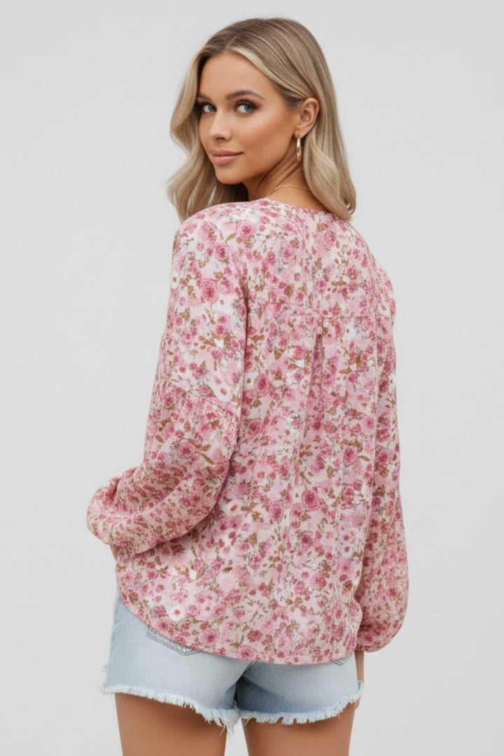 Women’s Floral Blouse with V Neck and Relaxed Fit