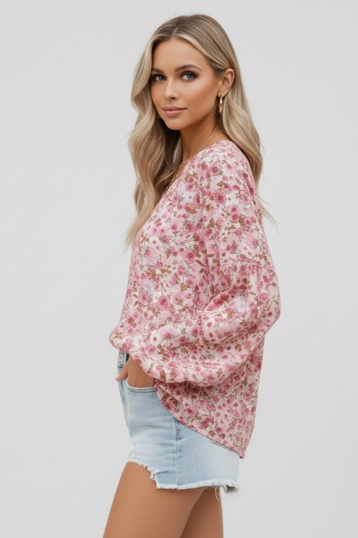 Women’s Floral Blouse with V Neck and Relaxed Fit