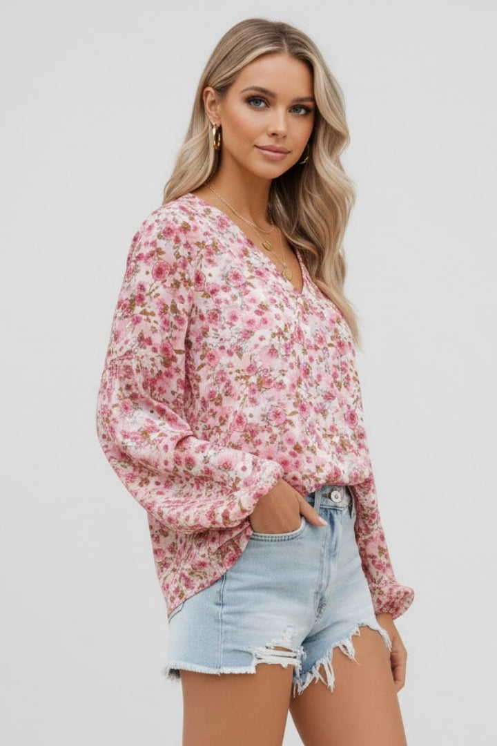 Women’s Floral Blouse with V Neck and Relaxed Fit