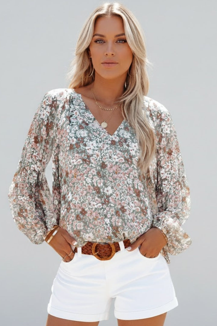 Women’s Floral Blouse with V Neck and Relaxed Fit