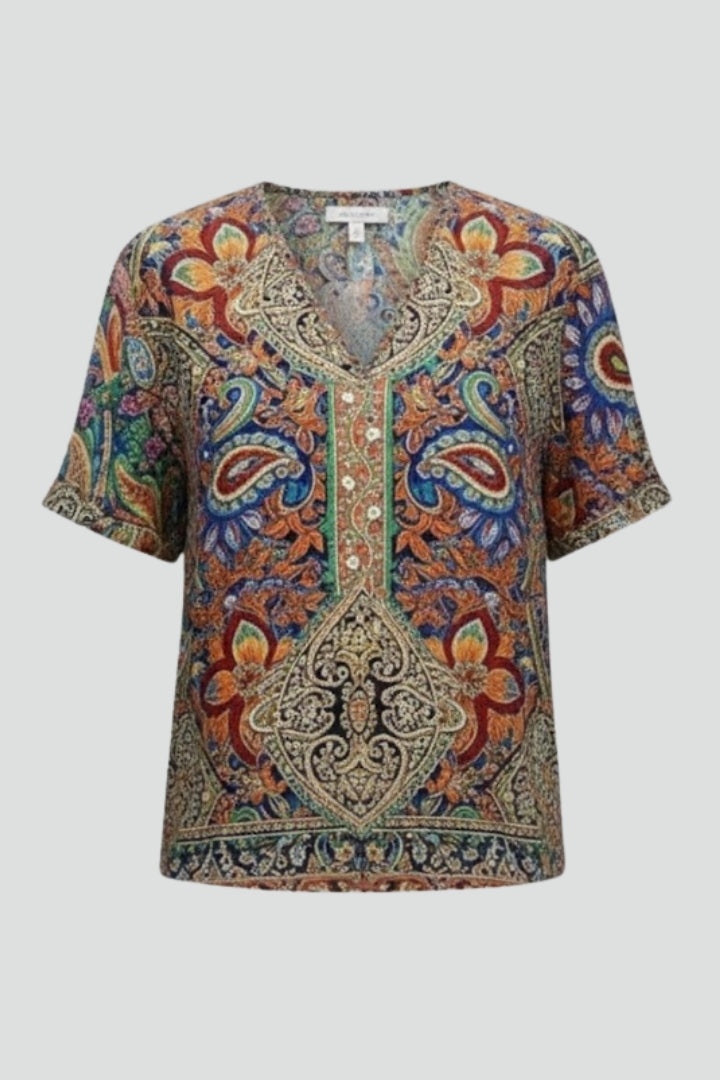 Women’s Floral Blouse with V Neck and Short Sleeves