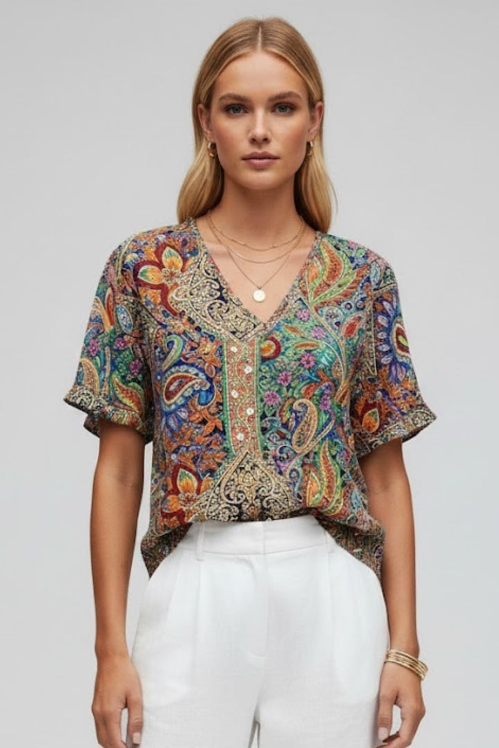 Women’s Floral Blouse with V Neck and Short Sleeves
