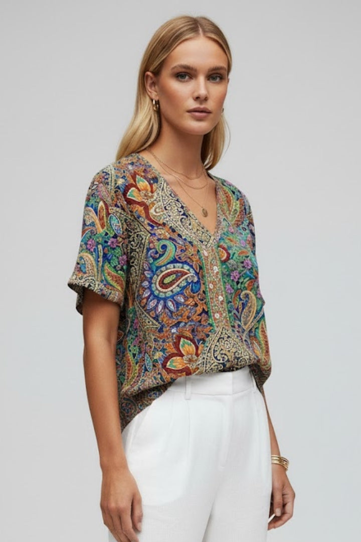 Women’s Floral Blouse with V Neck and Short Sleeves