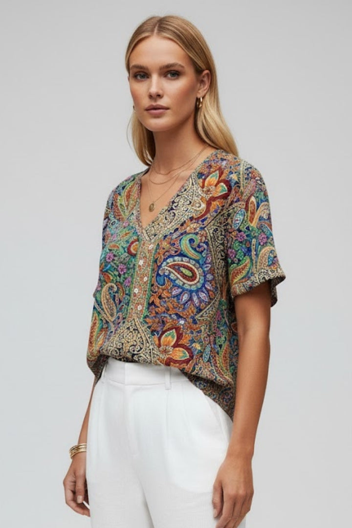 Women’s Floral Blouse with V Neck and Short Sleeves