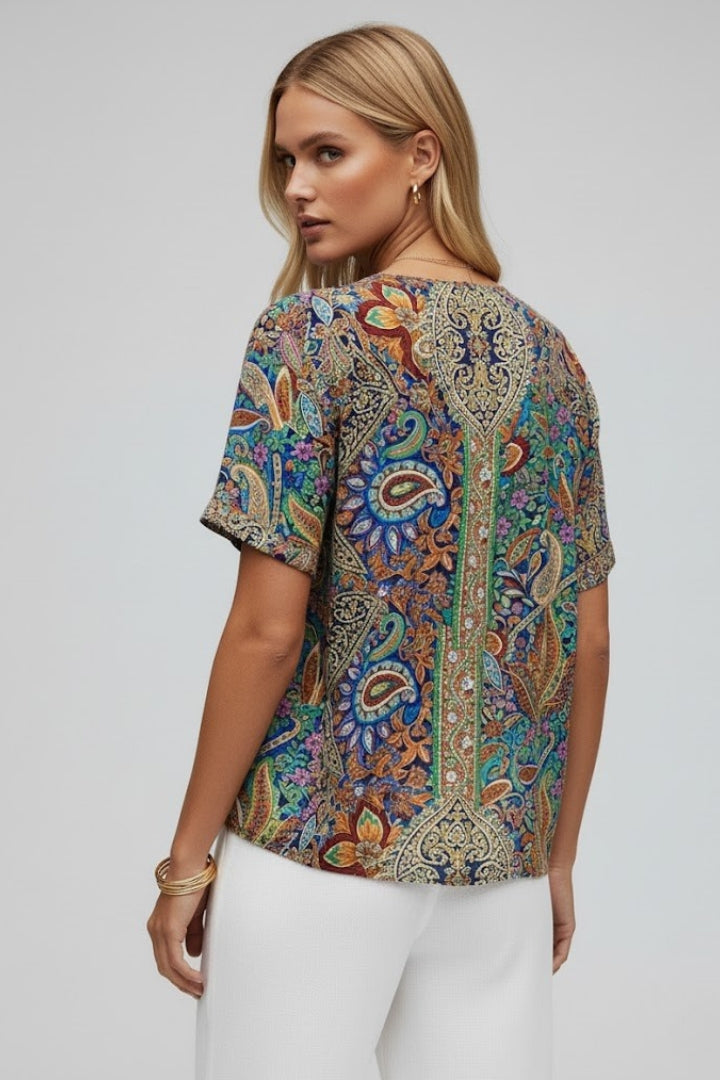 Women’s Floral Blouse with V Neck and Short Sleeves