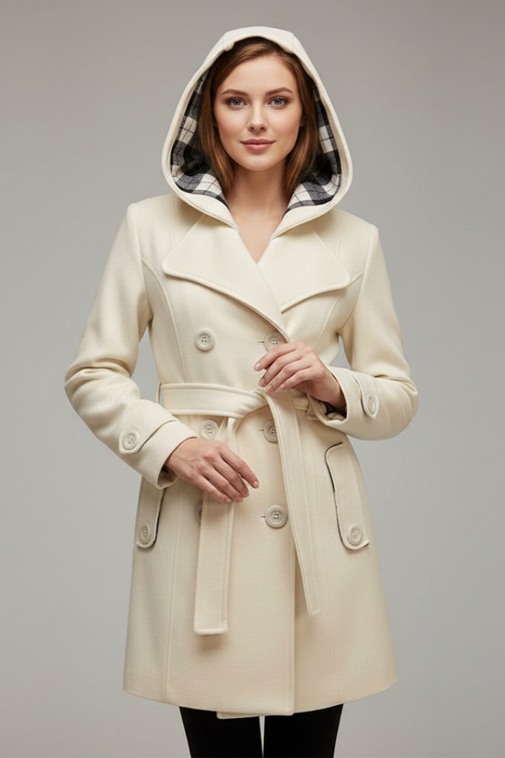 Women's Hooded Coat with Belt and Button Closure
