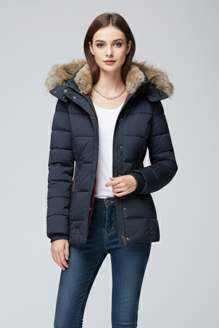 Women’s Hooded Jacket with Fur Trim and Padded Panels