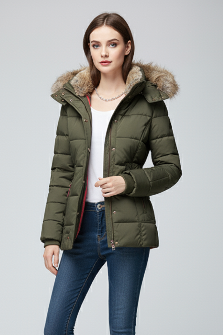 Women’s Hooded Jacket with Fur Trim and Padded Panels