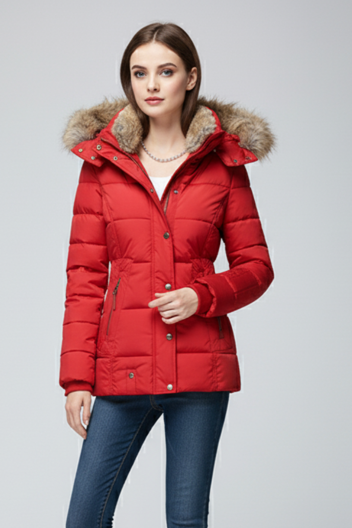 Women’s Hooded Jacket with Fur Trim and Padded Panels