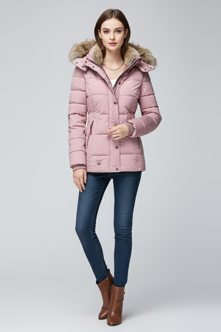 Women’s Hooded Jacket with Fur Trim and Padded Panels