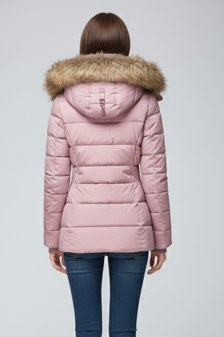 Women’s Hooded Jacket with Fur Trim and Padded Panels