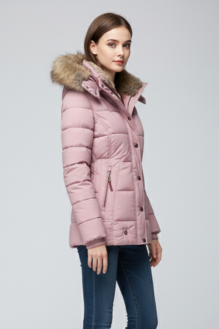 Women’s Hooded Jacket with Fur Trim and Padded Panels