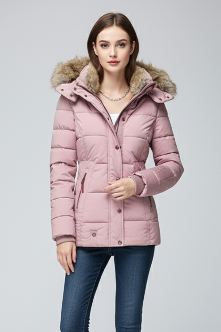 Women’s Hooded Jacket with Fur Trim and Padded Panels