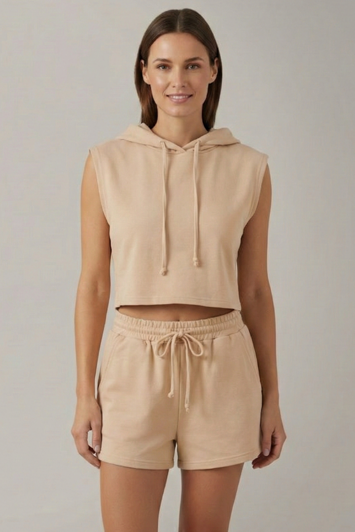 Women’s Hooded Top and Shorts Set with Sleeveless Cut and Elastic Waist
