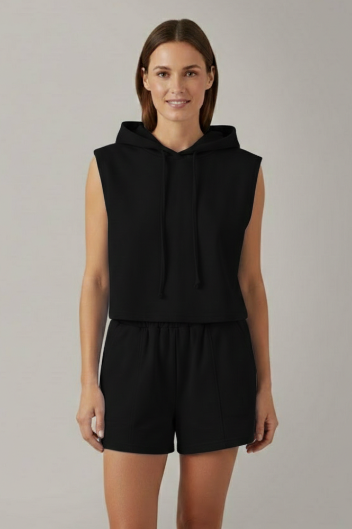 Women’s Hooded Top and Shorts Set with Sleeveless Cut and Elastic Waist