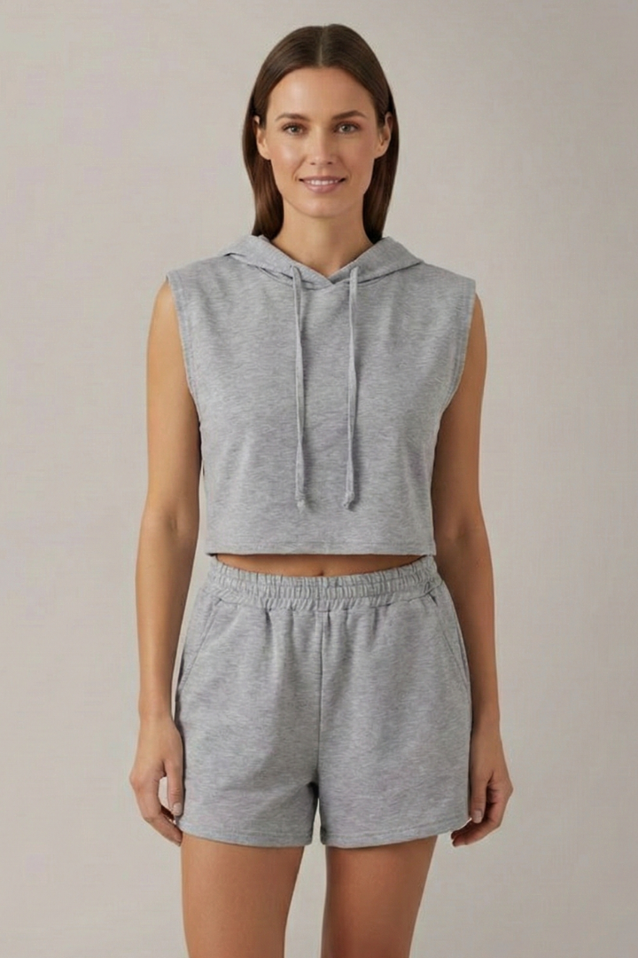 Women’s Hooded Top and Shorts Set with Sleeveless Cut and Elastic Waist