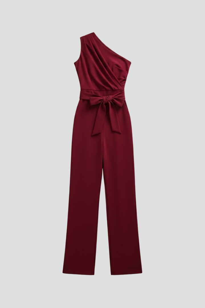 Women’s Jumpsuit with Asymmetric Neckline and Waist Belt