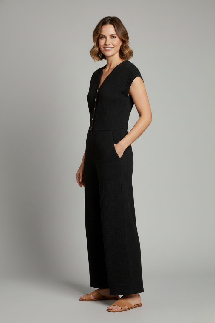 Women’s Jumpsuit with Button Placket and Wide Legs