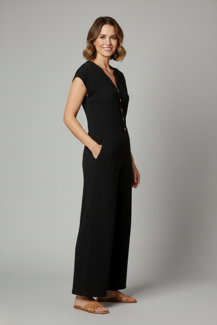 Women’s Jumpsuit with Button Placket and Wide Legs