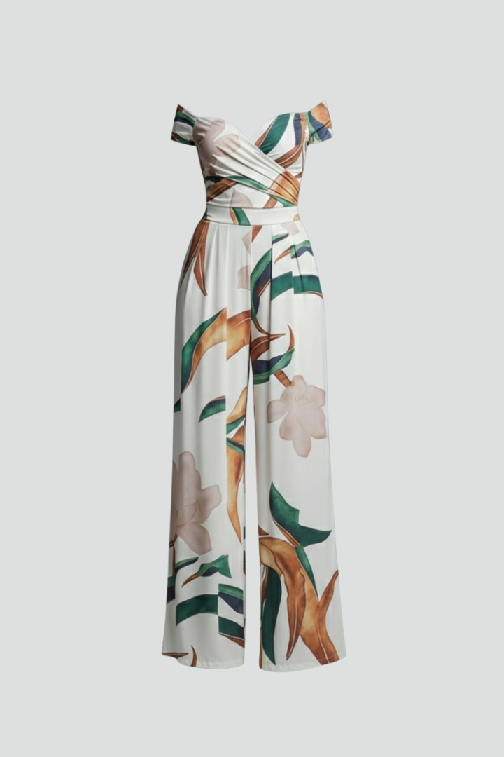 Women’s Jumpsuit with Off-Shoulder Neckline and Printed Surface