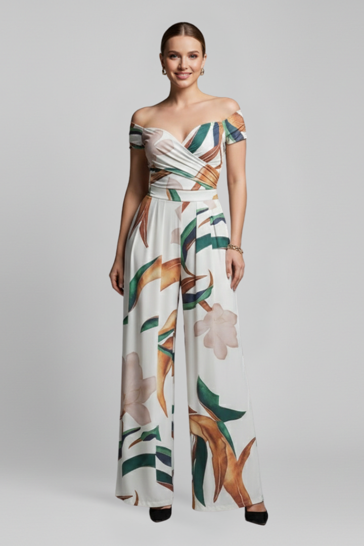 Women’s Jumpsuit with Off-Shoulder Neckline and Printed Surface