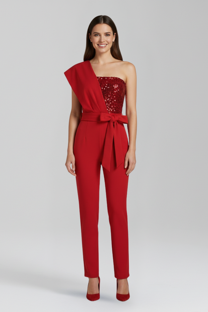 Women’s Jumpsuit with One-Shoulder Neckline and Tied Waist
