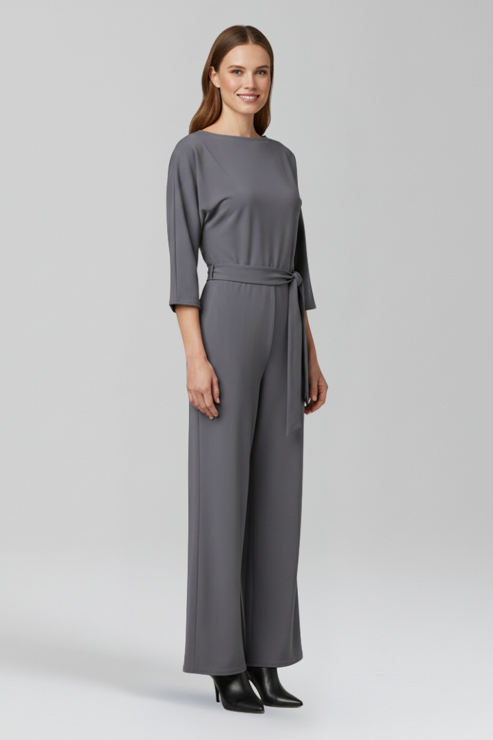 Women’s Jumpsuit with Round Neck and Waist Belt
