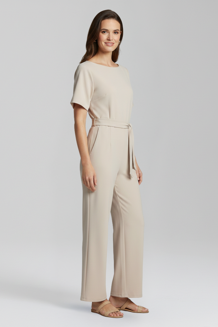 Women’s Jumpsuit with Round Neckline and Waist Tie
