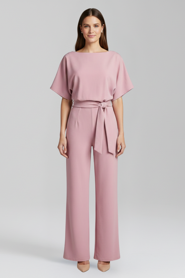 Women’s Jumpsuit with Round Neckline and Waist Tie