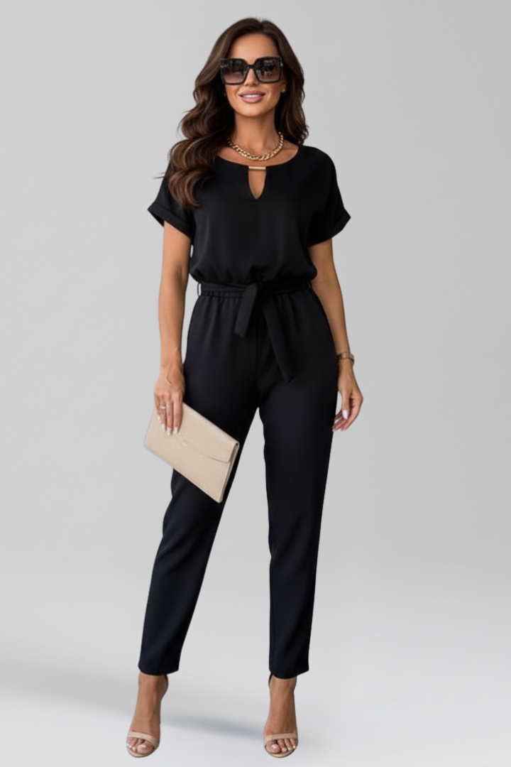 Women’s Jumpsuit with Round Neckline and Waist Tie