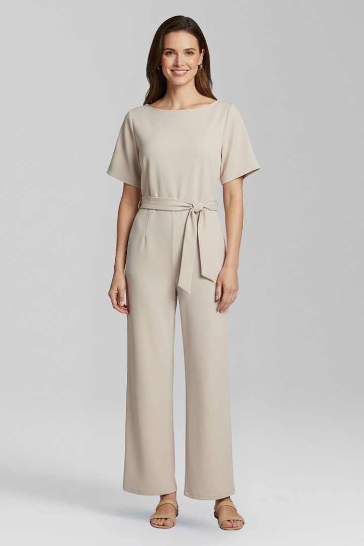 Women’s Jumpsuit with Round Neckline and Waist Tie