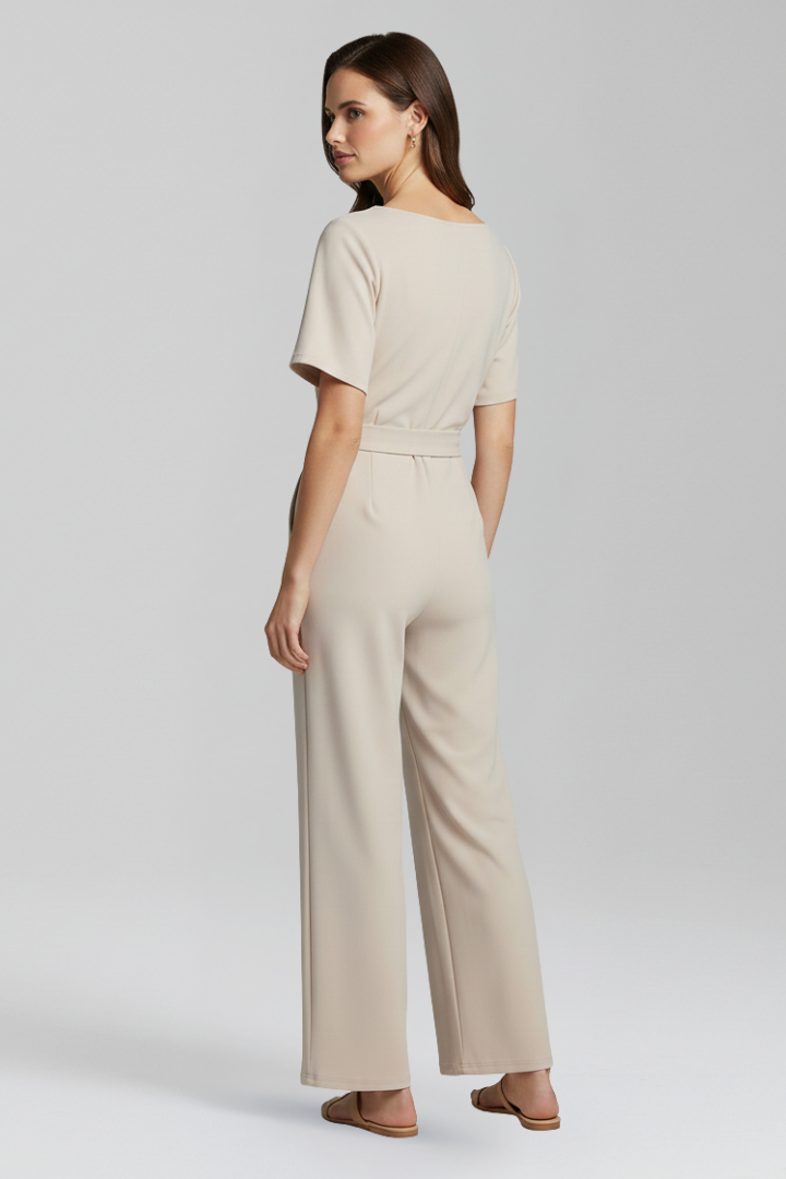 Women’s Jumpsuit with Round Neckline and Waist Tie