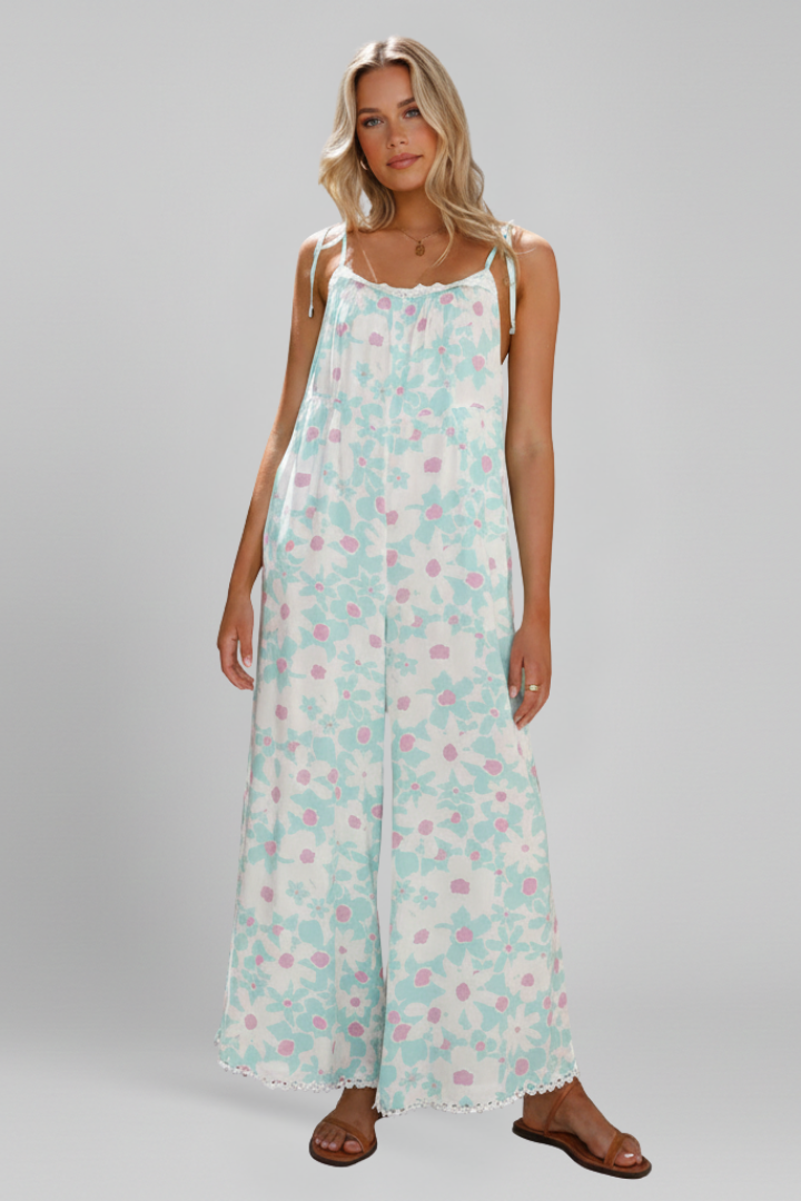 Women’s Jumpsuit with Square Neckline and Printed Surface