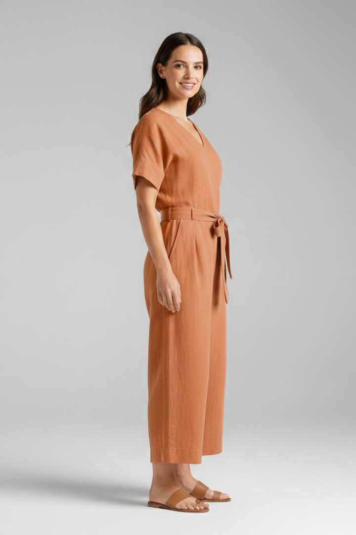 Women’s Jumpsuit with V-Neck and Tie Waist