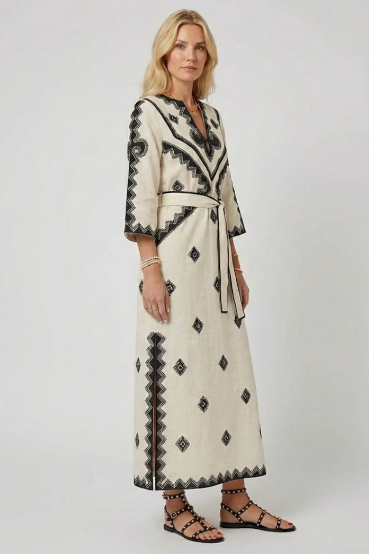 Women’s Kaftan Dress with Embroidery and Adjustable Waist
