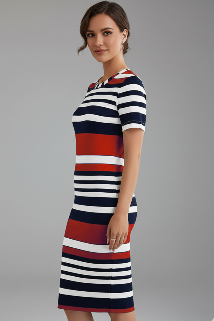Women’s Knee-Length Dress with Stripe Pattern and Short Sleeves