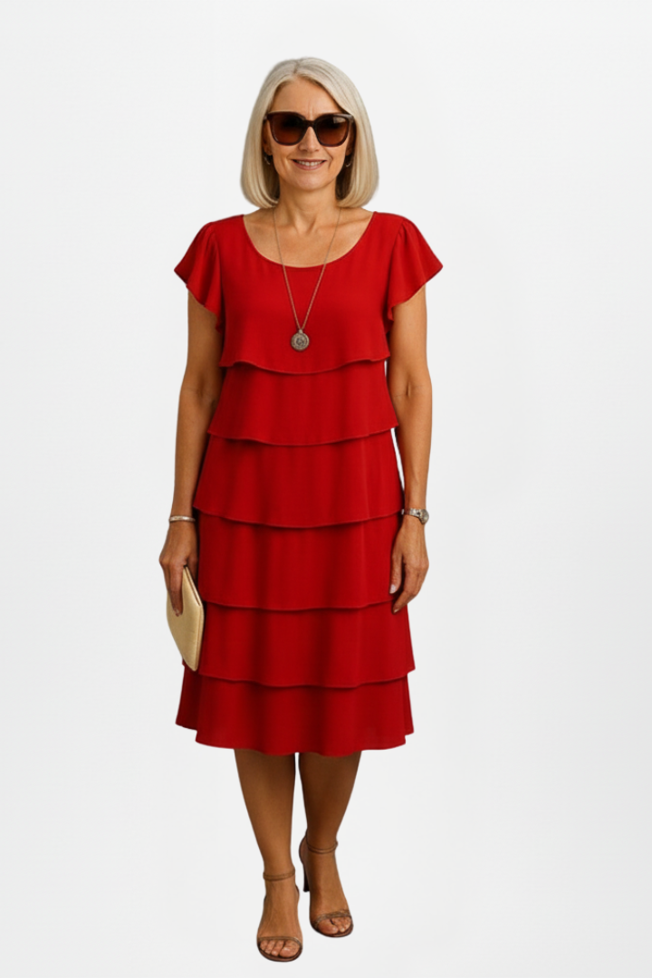 Women’s Knee-Length Dress with Tiered Layers and Short Sleeves