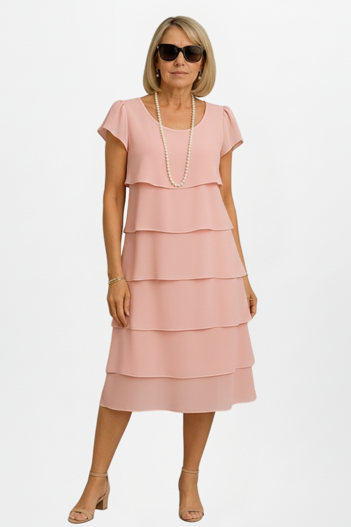 Women’s Knee-Length Dress with Tiered Layers and Short Sleeves