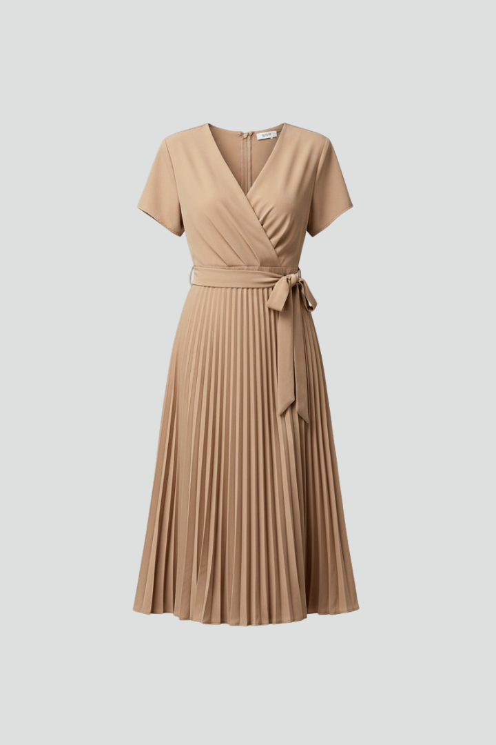 Women’s Knee-Length Dress with V Neckline and Pleated Skirt