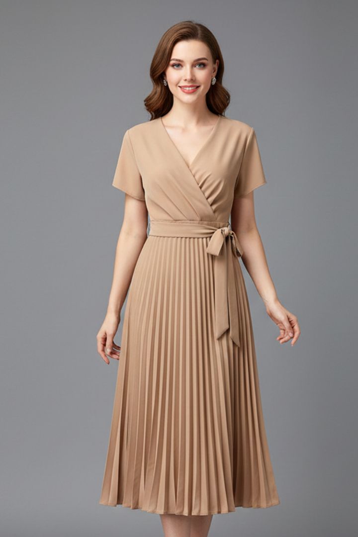 Women’s Knee-Length Dress with V Neckline and Pleated Skirt