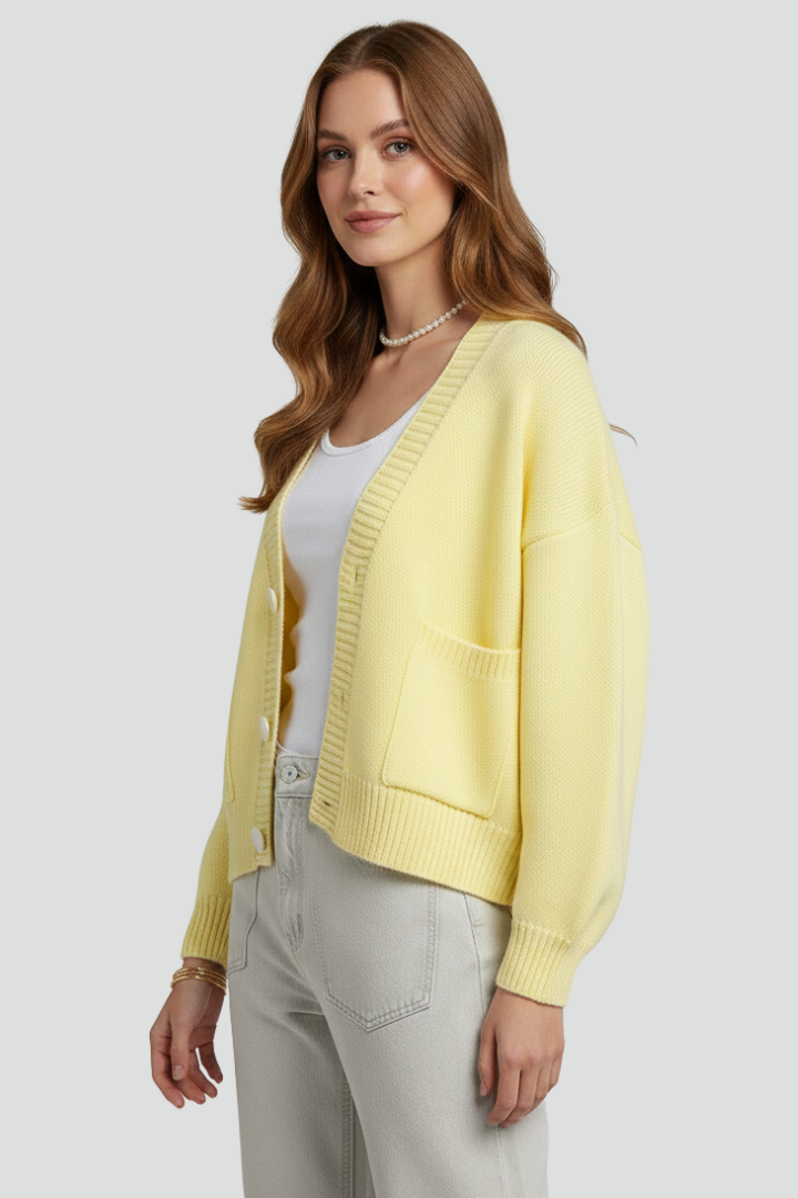 Women’s Knit Cardigan with V-Neckline and Button-Front Design